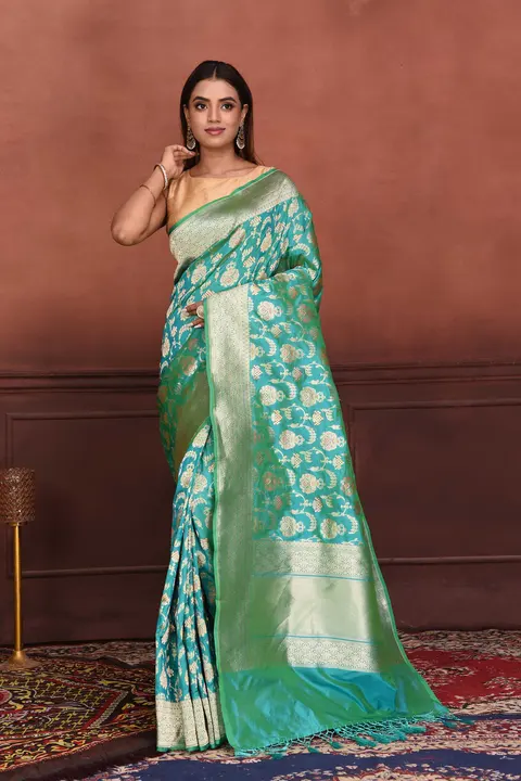 Teal & gold silk saree