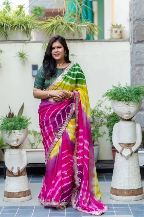 Pink, yellow & green organza saree