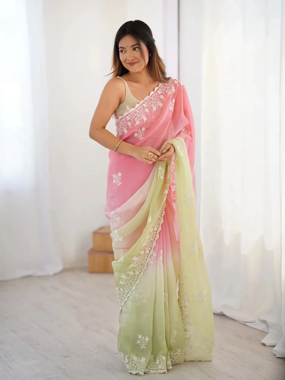 Rosewater Bloom — Blush & sage cotton saree