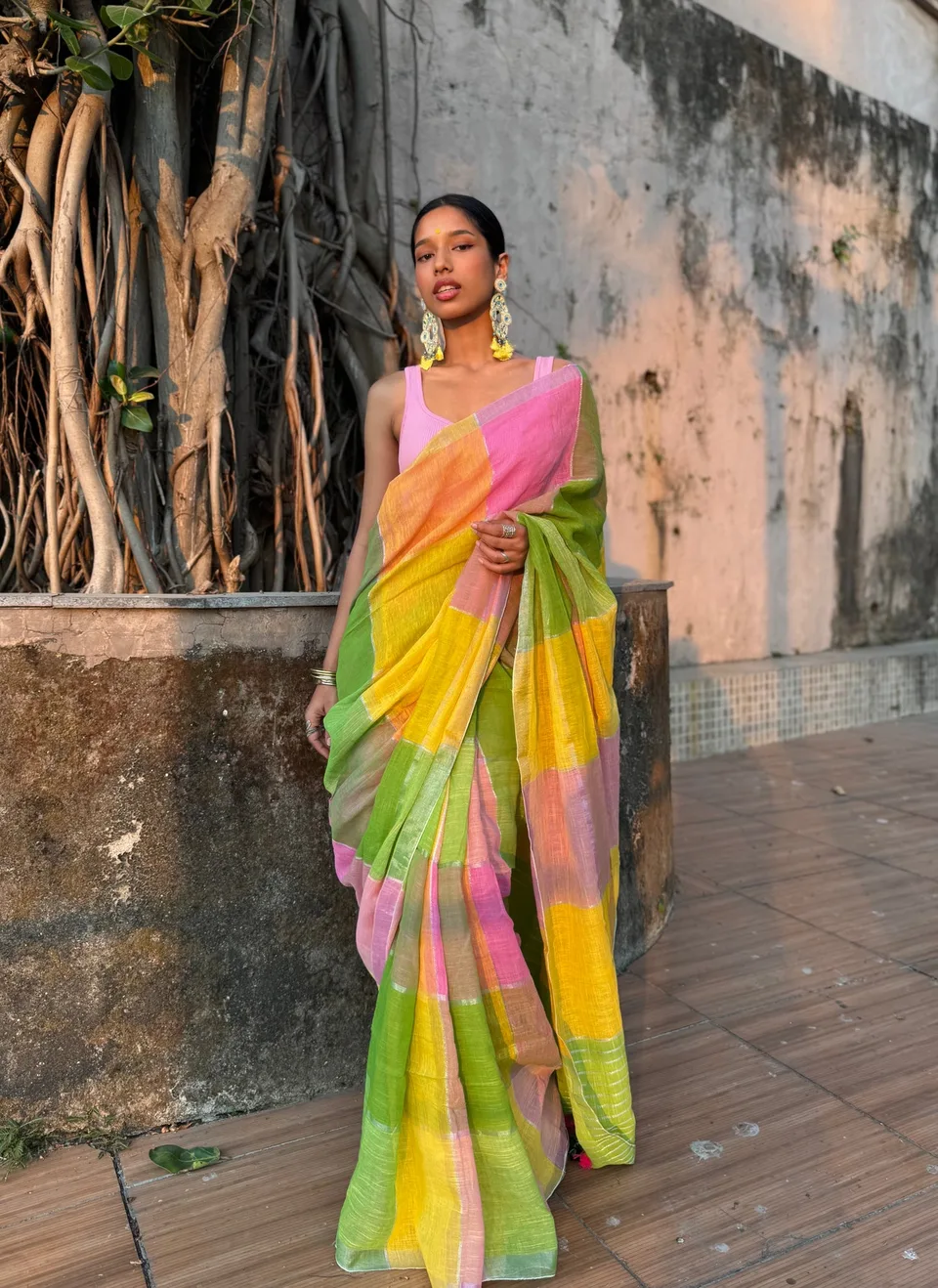 Basanti Sunshine — Yellow & green linen saree