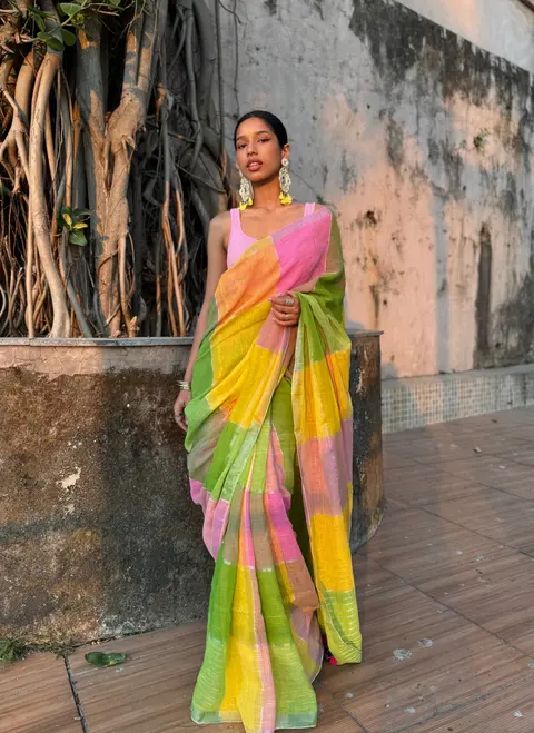Yellow & green linen saree