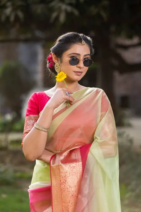 Pink & green organza saree