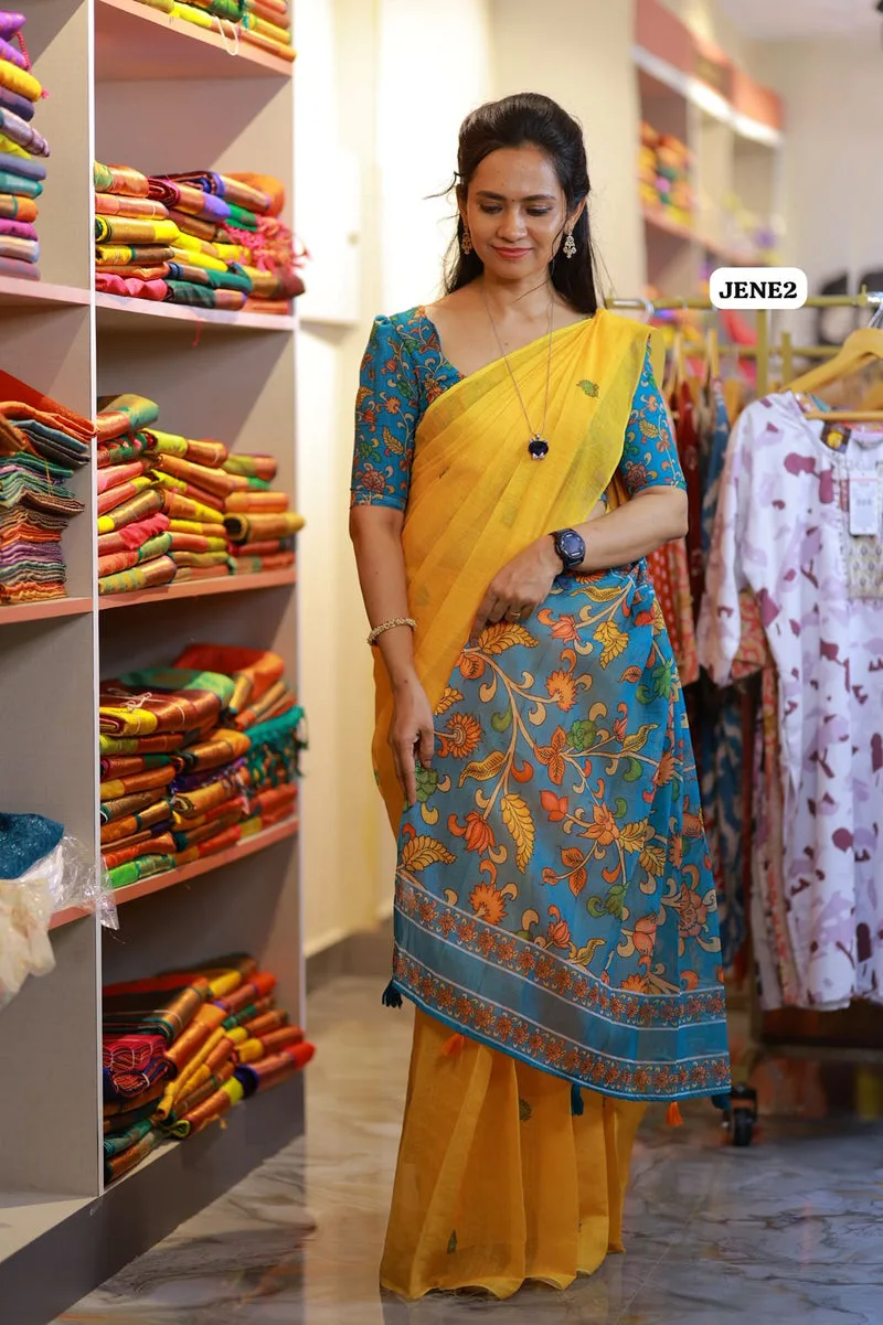 Marigold Canvas — Yellow & blue linen saree