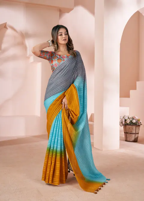 Grey, teal & mustard linen saree
