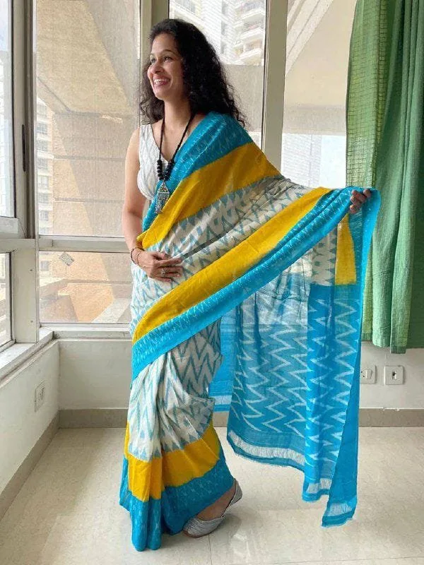Azure Lines — Blue, yellow & white linen saree
