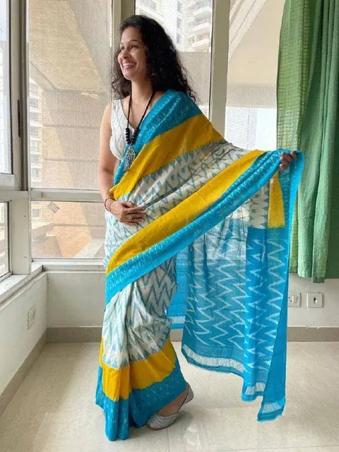 Blue, yellow & white linen saree