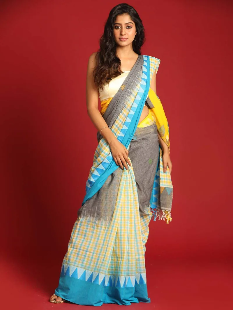 Sunlit Horizon — Yellow & grey cotton saree