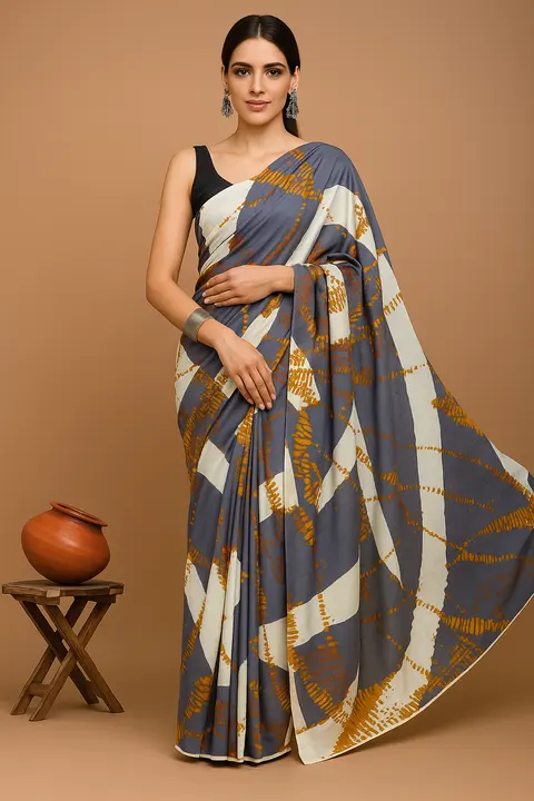 Grey, white & mustard linen saree