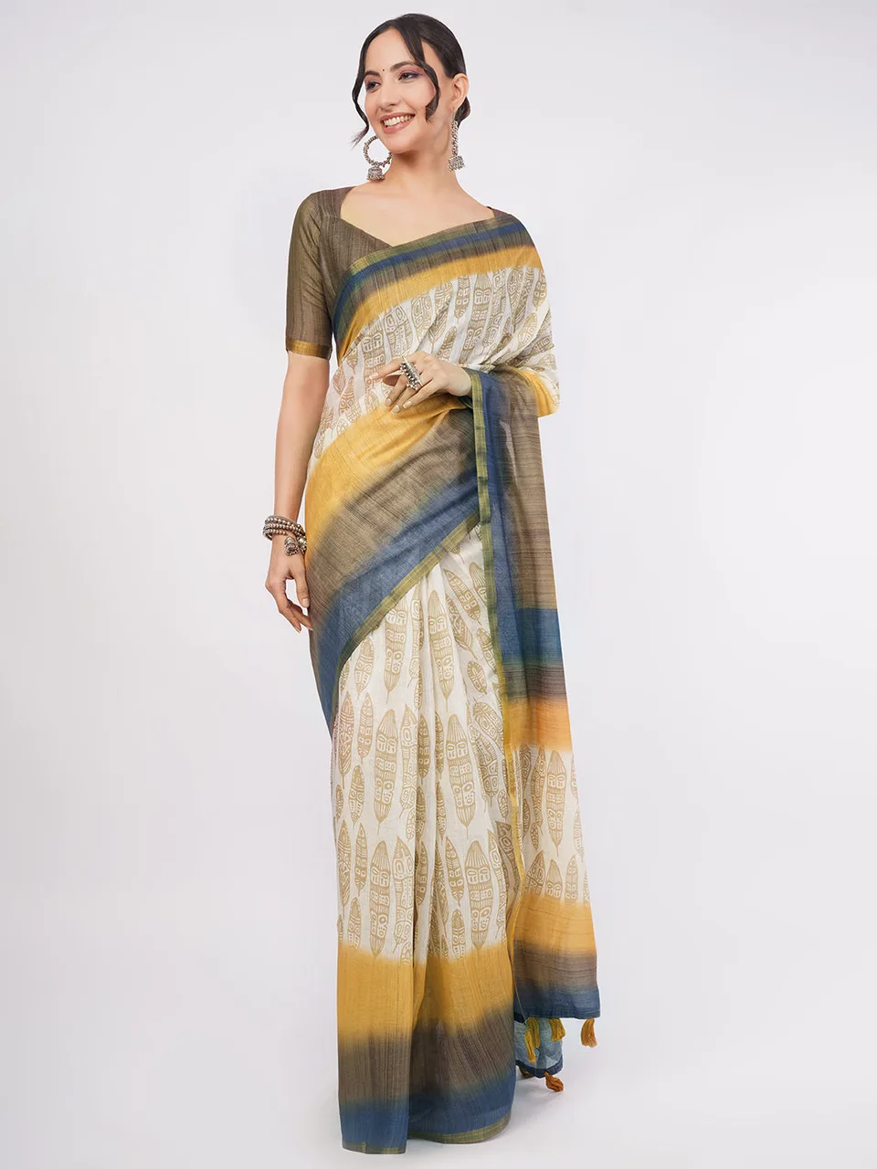 Featherlight Cream — Cream & mustard linen saree