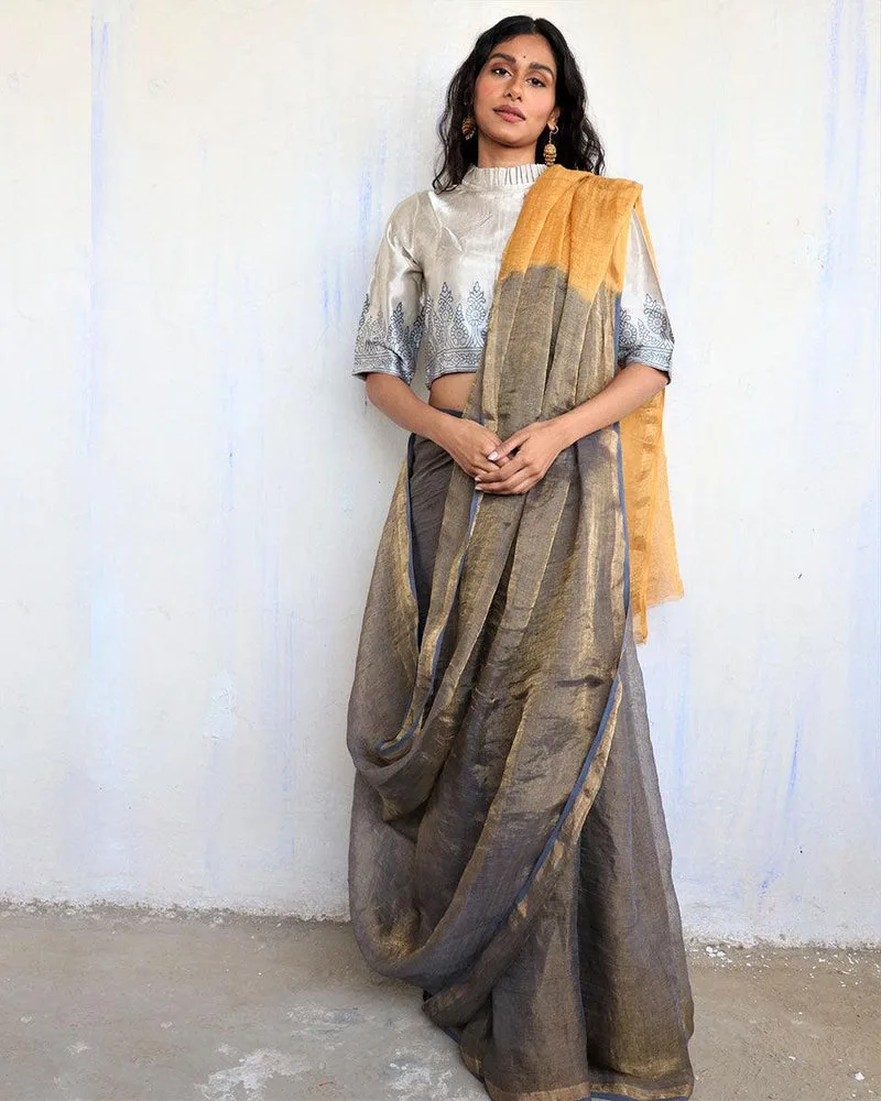Silver Sand — Grey & gold linen saree
