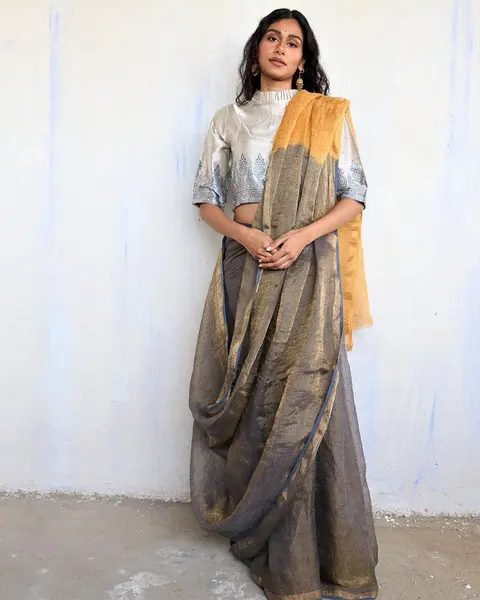 Grey & gold linen saree