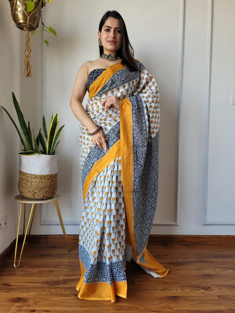 Mulmul Blossom — White, blue & mustard cotton saree