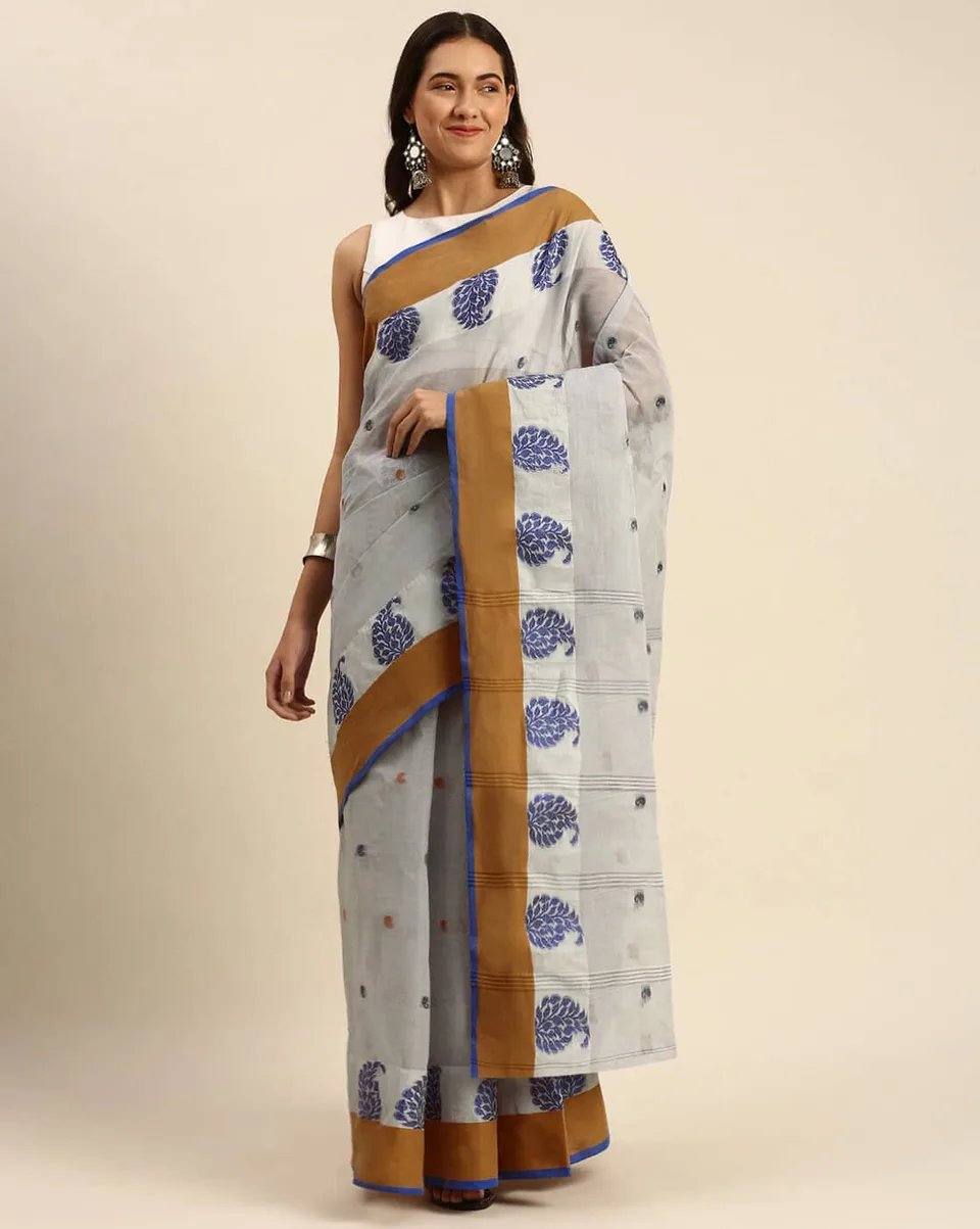 Tant Raindrop — Grey & blue cotton saree