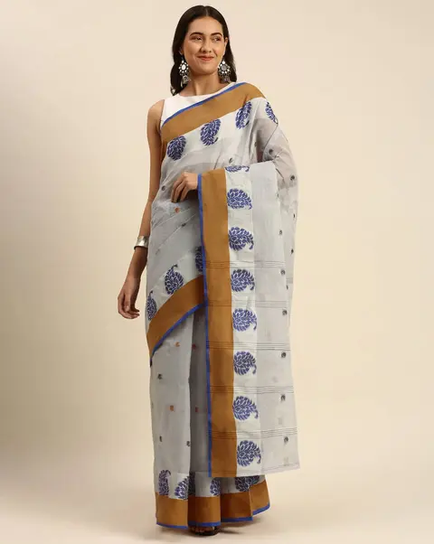 Grey & blue cotton saree