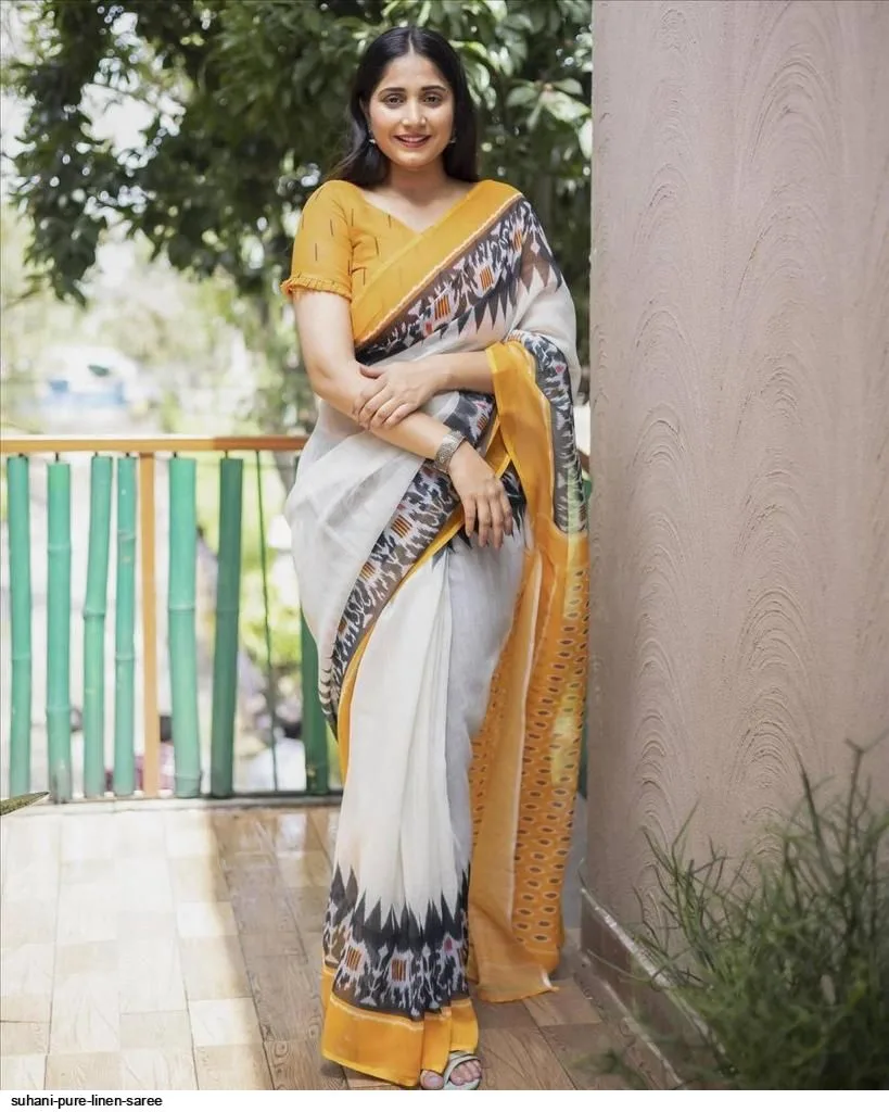 Suhani Ikkat — White & yellow linen saree