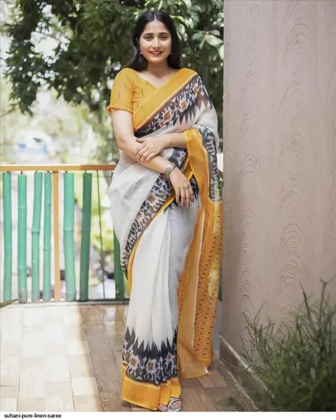 White & yellow linen saree