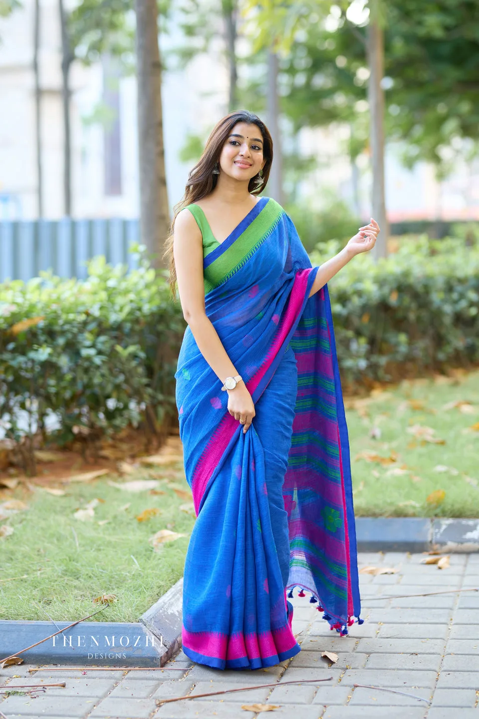 Neela Everyday — Blue, green & pink cotton saree