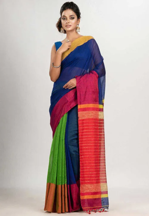 Meera Stripes — Royal blue & light green cotton saree