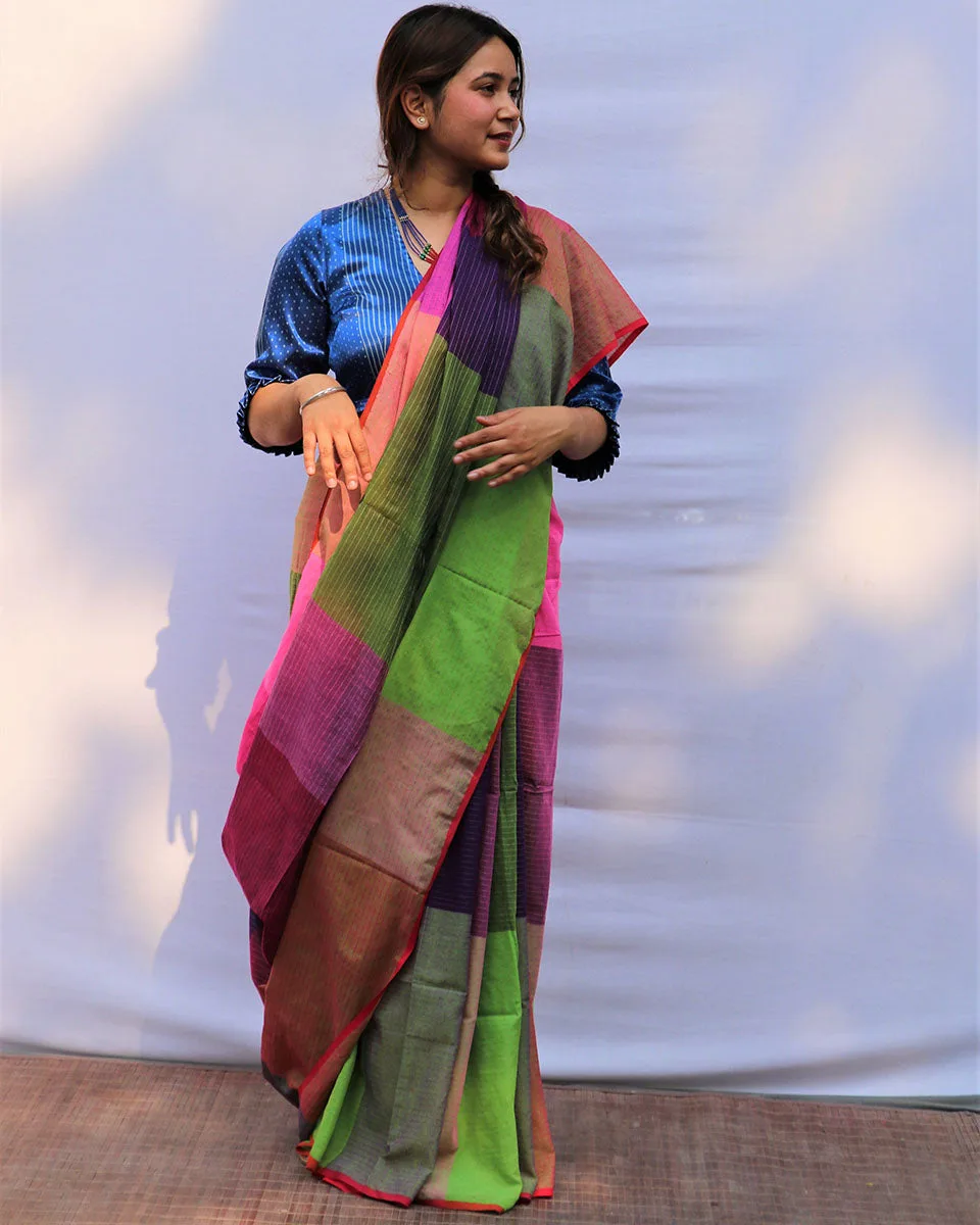 Lively Lilac — Green, violet & pink cotton saree