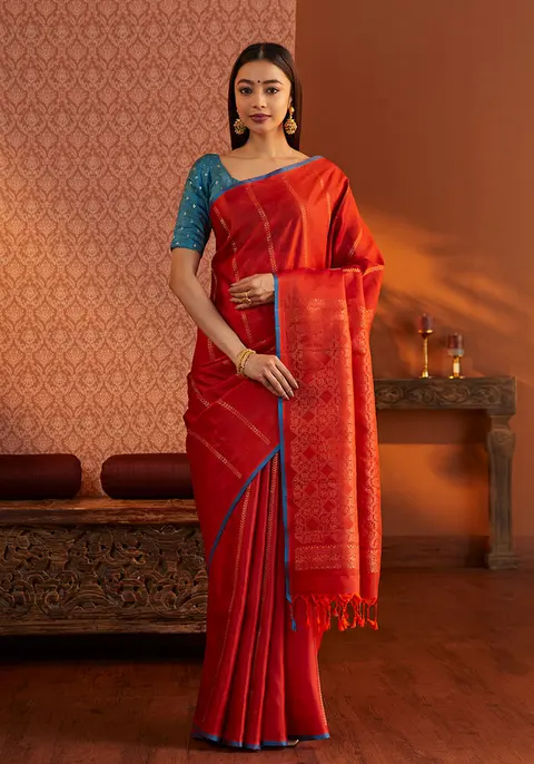 Red & blue silk saree